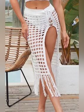 SHEIN White Crochet Fringe Swim Coverup Skirt